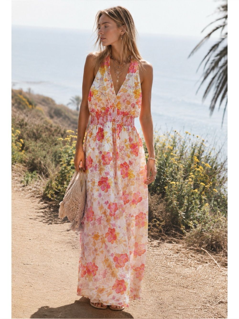 Hale Bob Tropical Cotton Halter Maxi Dress Size L / NWT